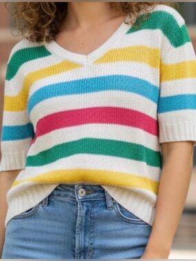 VTG 80s Rainbow Stripe Knit Sweater Top V-Neck Britanni Medium Retro Colorblock
